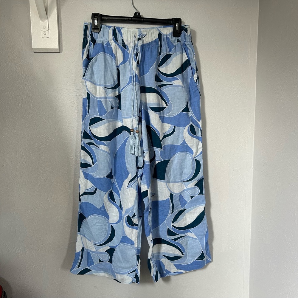 Wide leg elastic pull on linen blend trouser pants cropped beachy blue pattern
